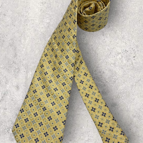 DION Gold/Blue Geometric Floral Silk LUXURY Tie HANDMADE CANADA - Picture 5 of 5